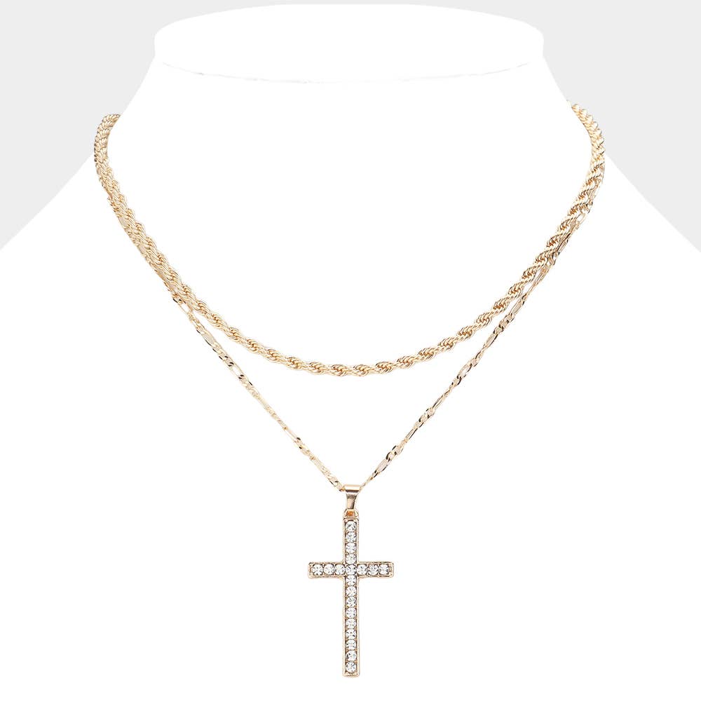 Stone Paved Cross Pendant Double Layered Necklace