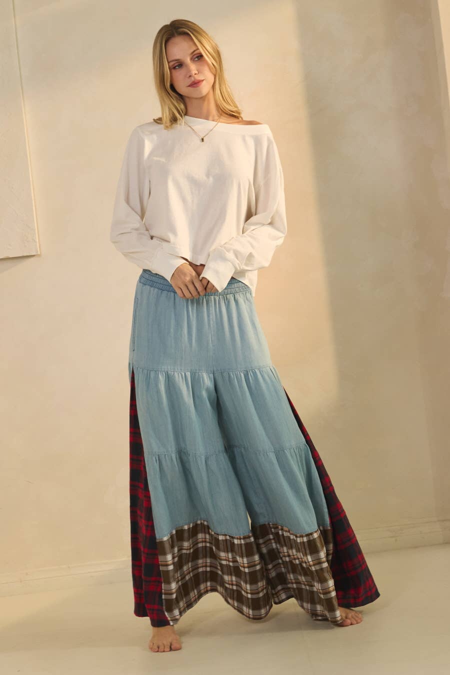 Color Block Tiered Pants: Washed Chambray / M