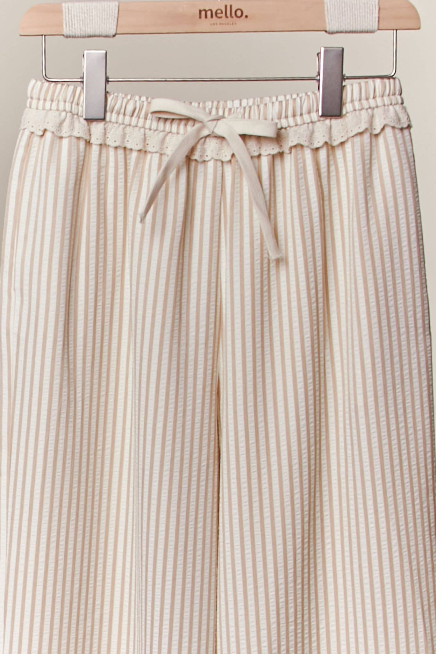 Striped Wide-Leg Pants with Lace Hem: Beige / M