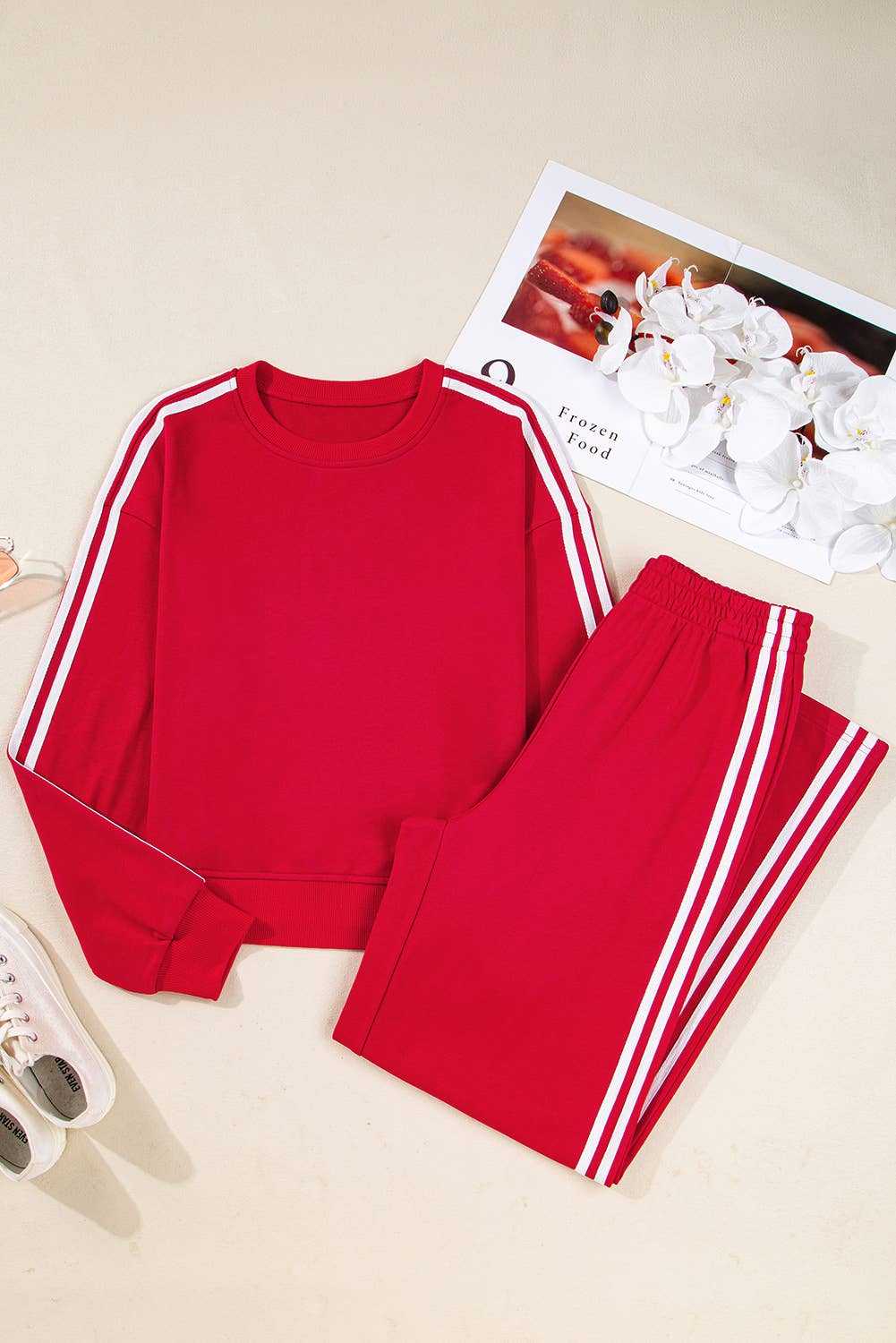 Striped Detail Pullover Elastic Sweatpants 2pcs Outfit