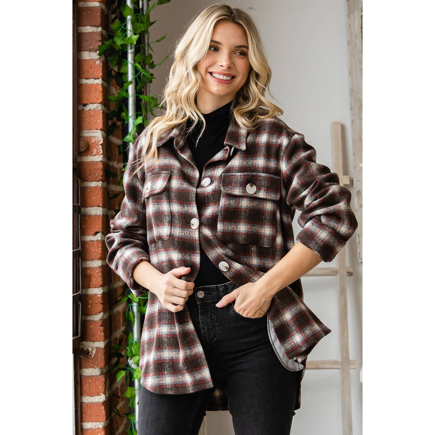 VJ71471 - Classic Plaid Shirts Jacket: Brown Combo / L