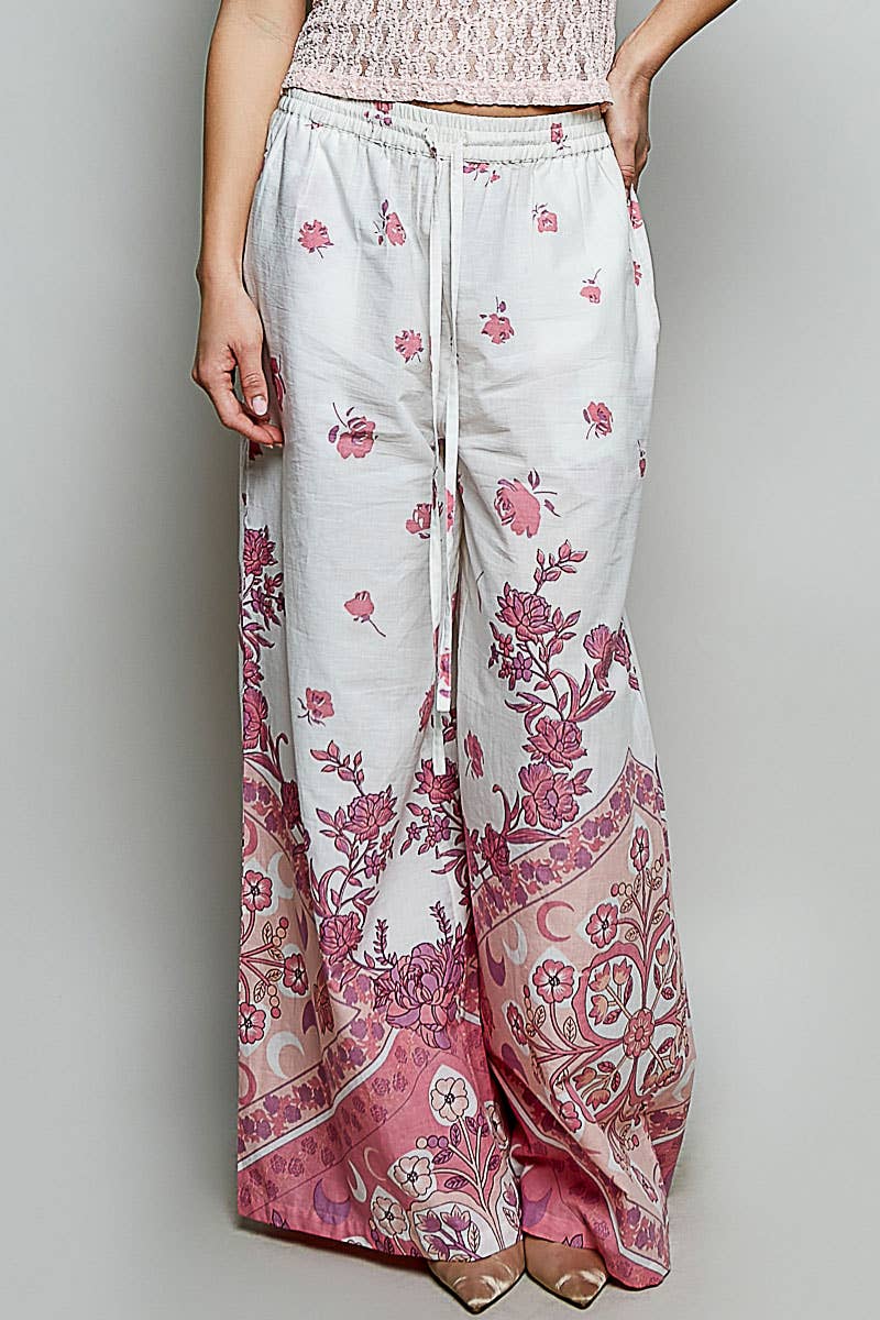 Floral Stripe Block Print Elastic Waist Wide Leg Pants