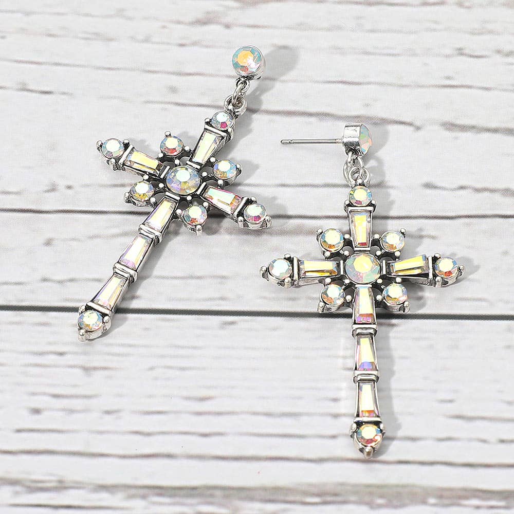 Geometric Stone Cluster Embellished Cross Dangle Statement Earrings