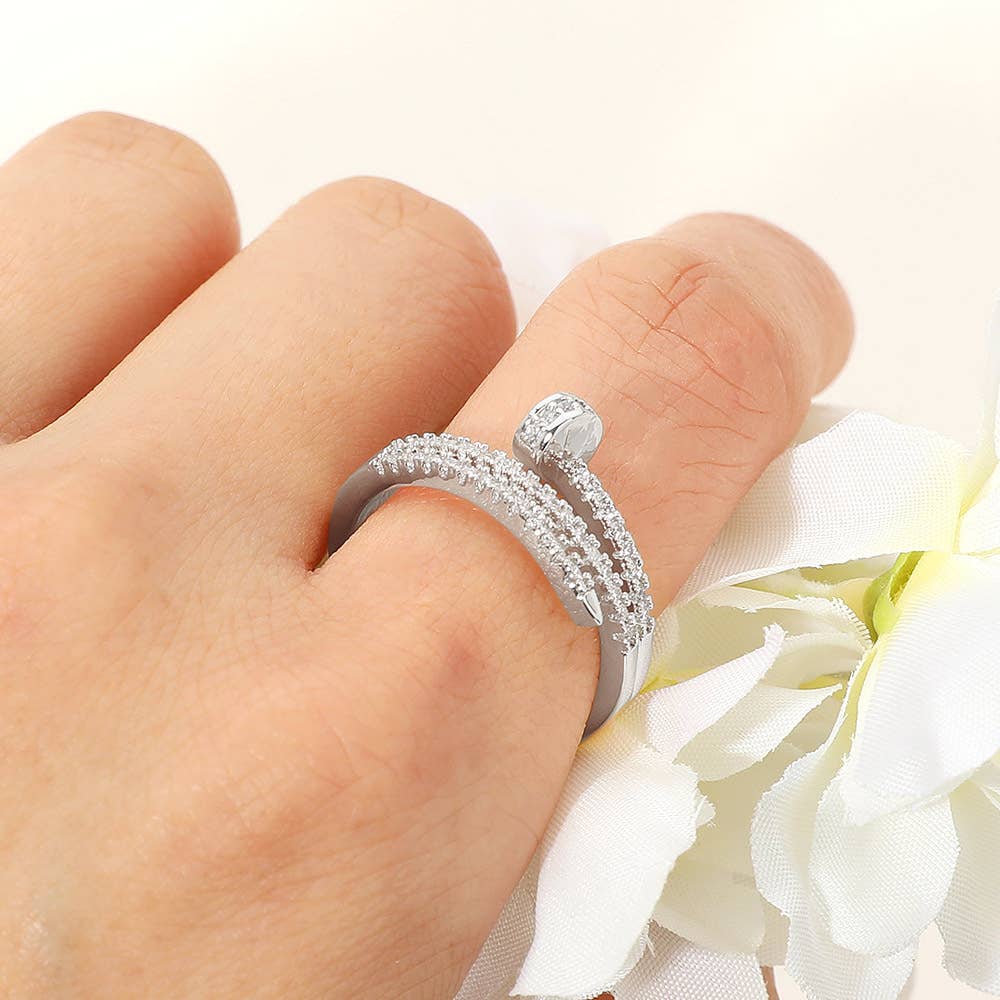 Stone Paved Nail Adjustable Ring: Clear,Rhodium