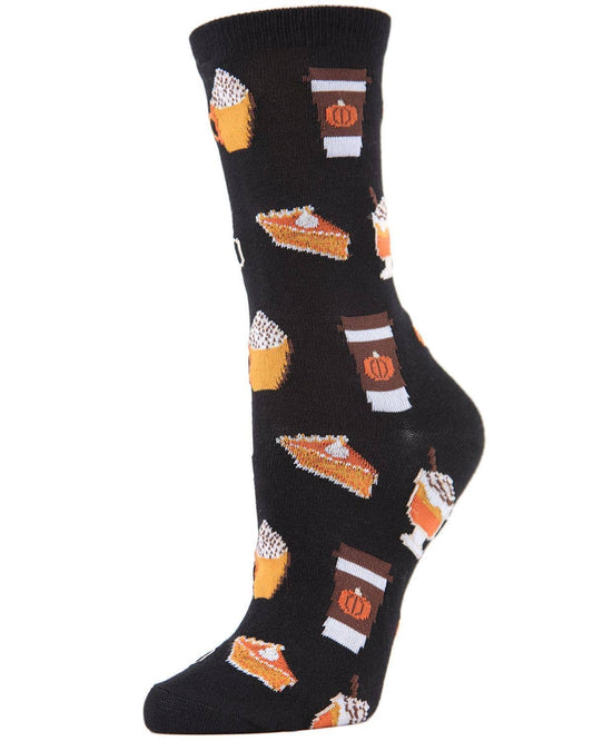 MeMoi Pumpkin Spice Latte Bamboo Crew Socks: Black / 9-11