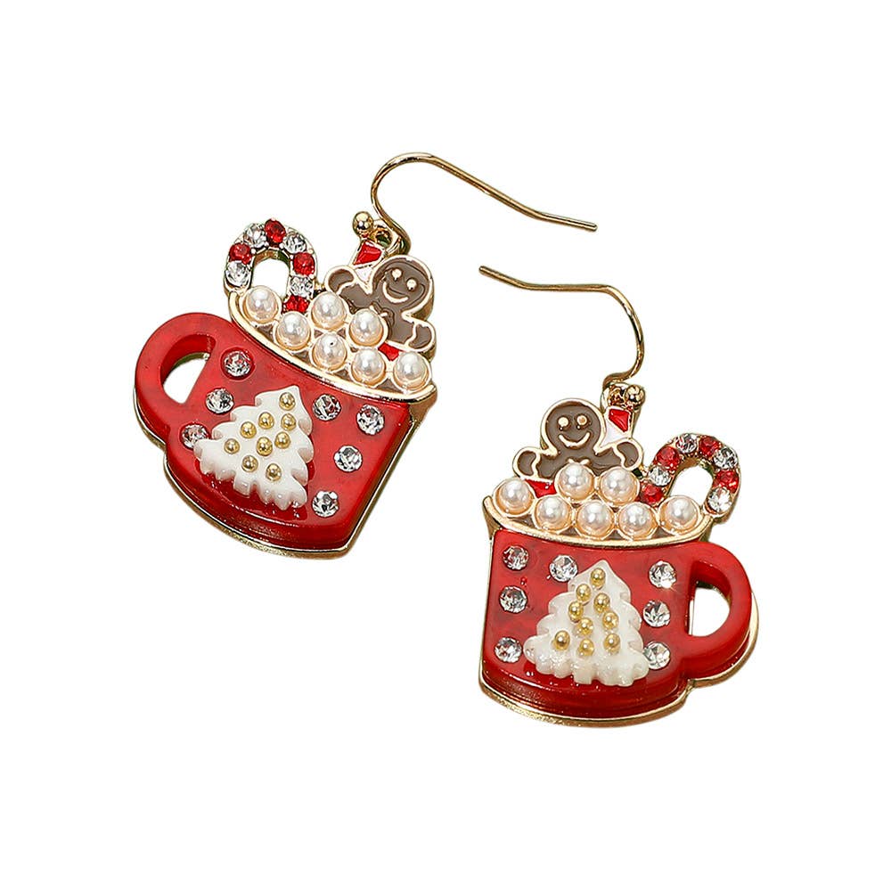 Gingerbread Man Pearl Bubble Holiday Cocoa Mug Dangle Earrings: Pink