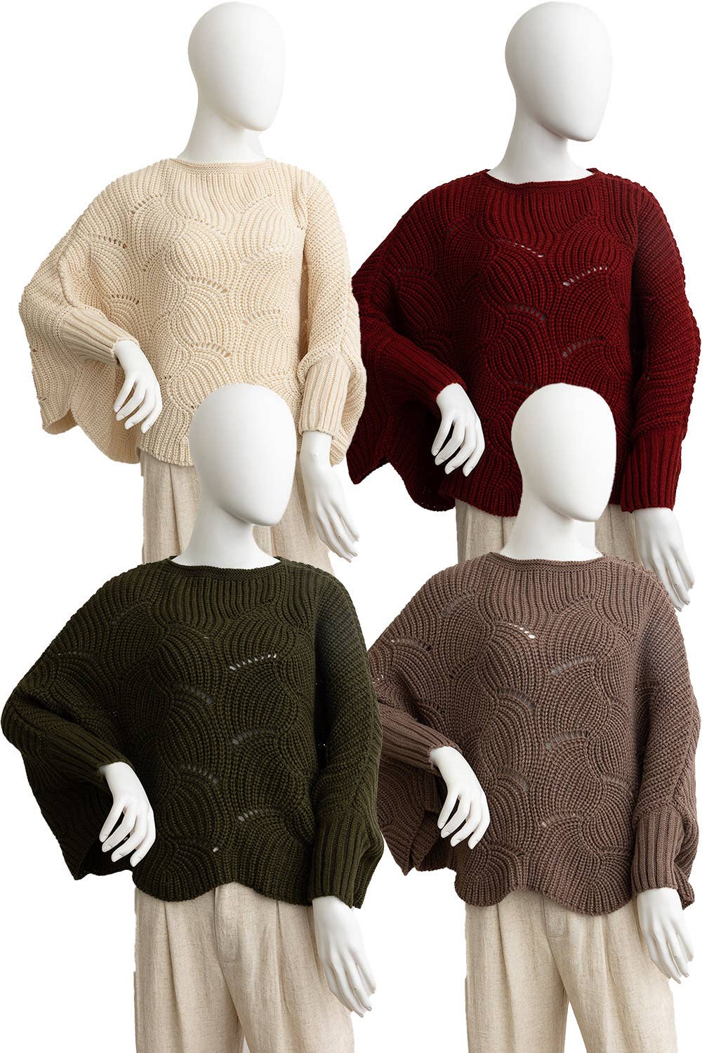 Ribbed Knit Pattern Poncho w/ Sleeves: Burgundy