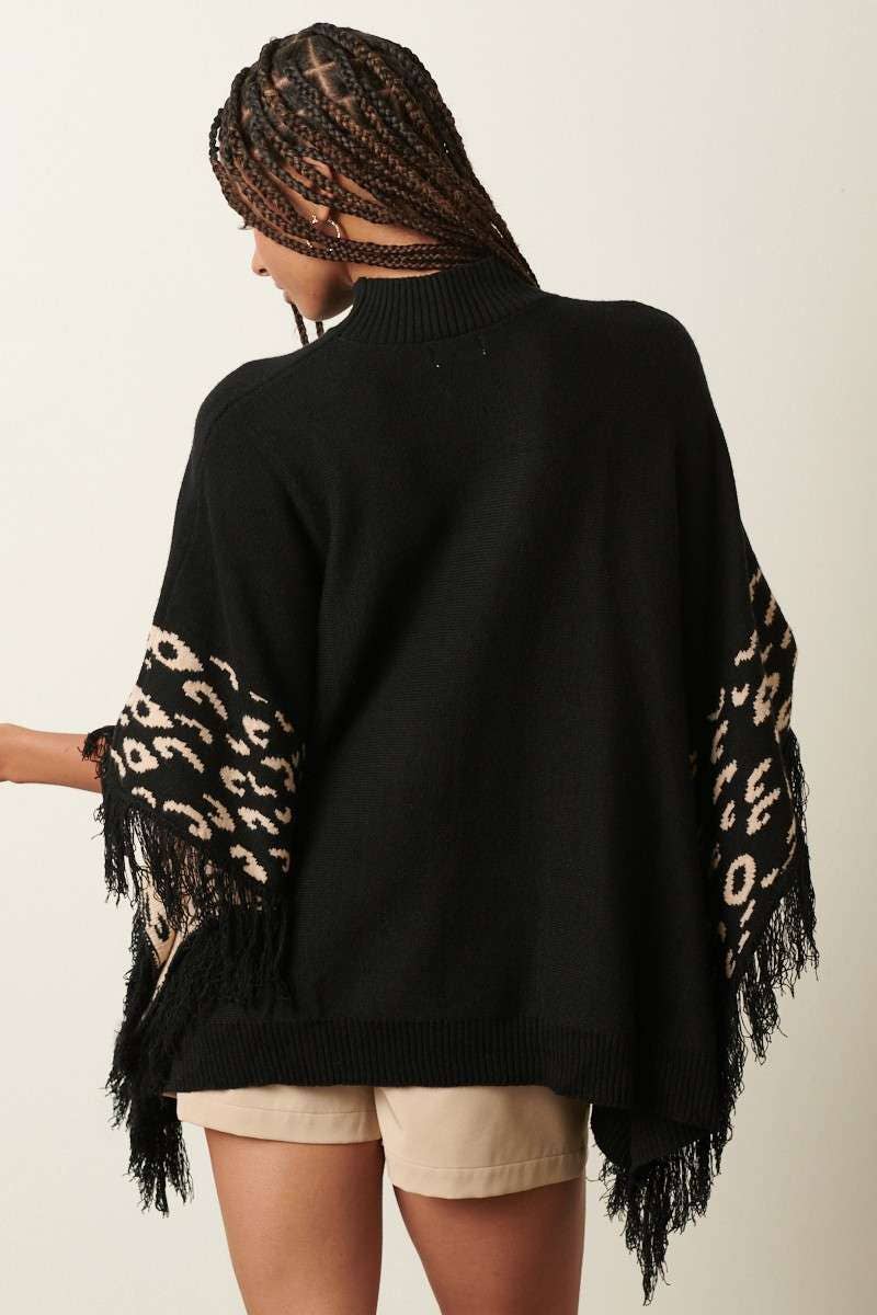 ANIMAL PRINT DETAIL TASSEL OVERSIZED PONCHO