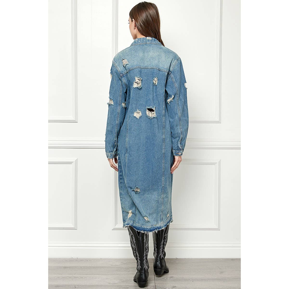 Distressed Long Denim Jacket: Med Wash / S
