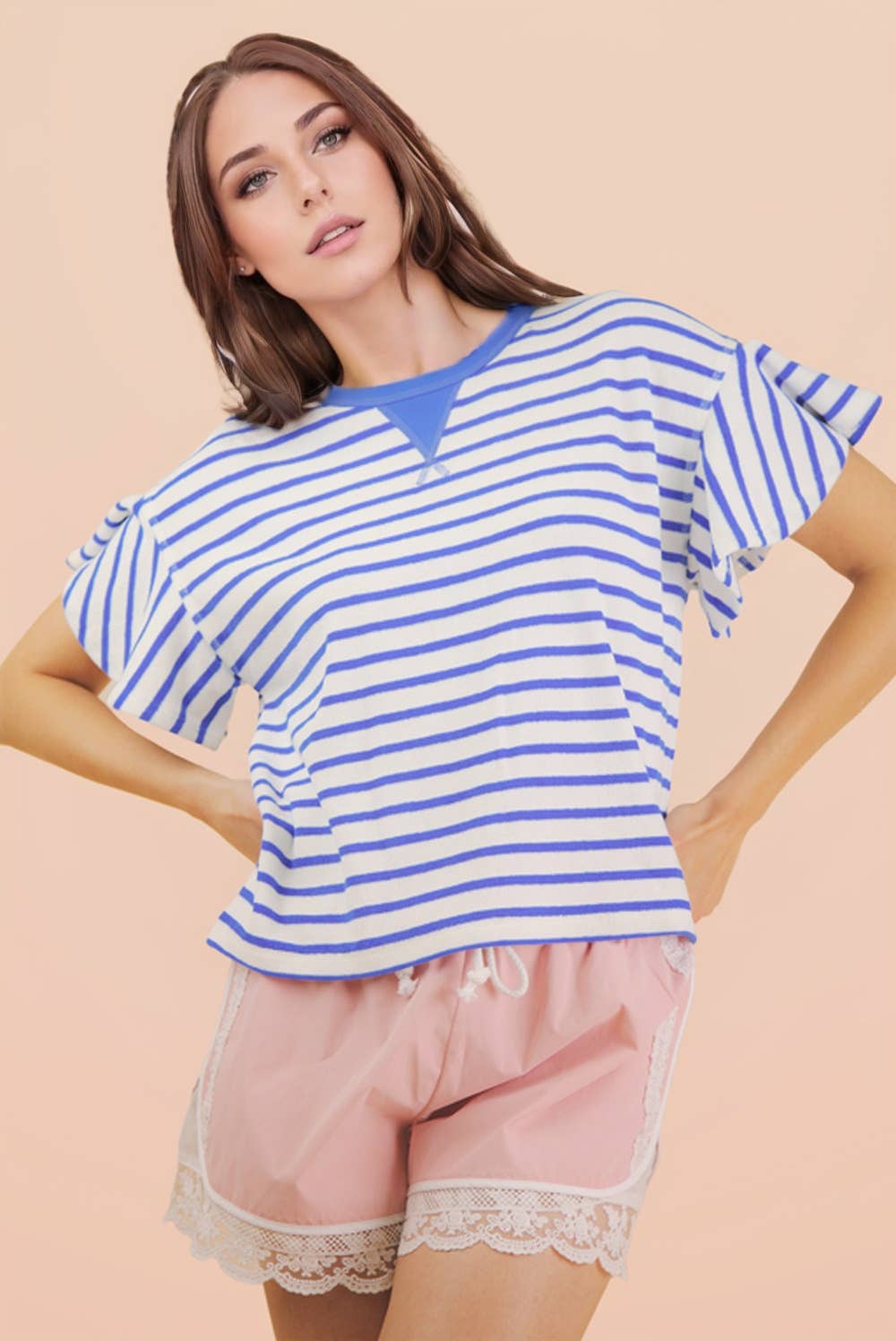 Blue Oversized Ruffle Sleeve Casual Stripe Knit Top