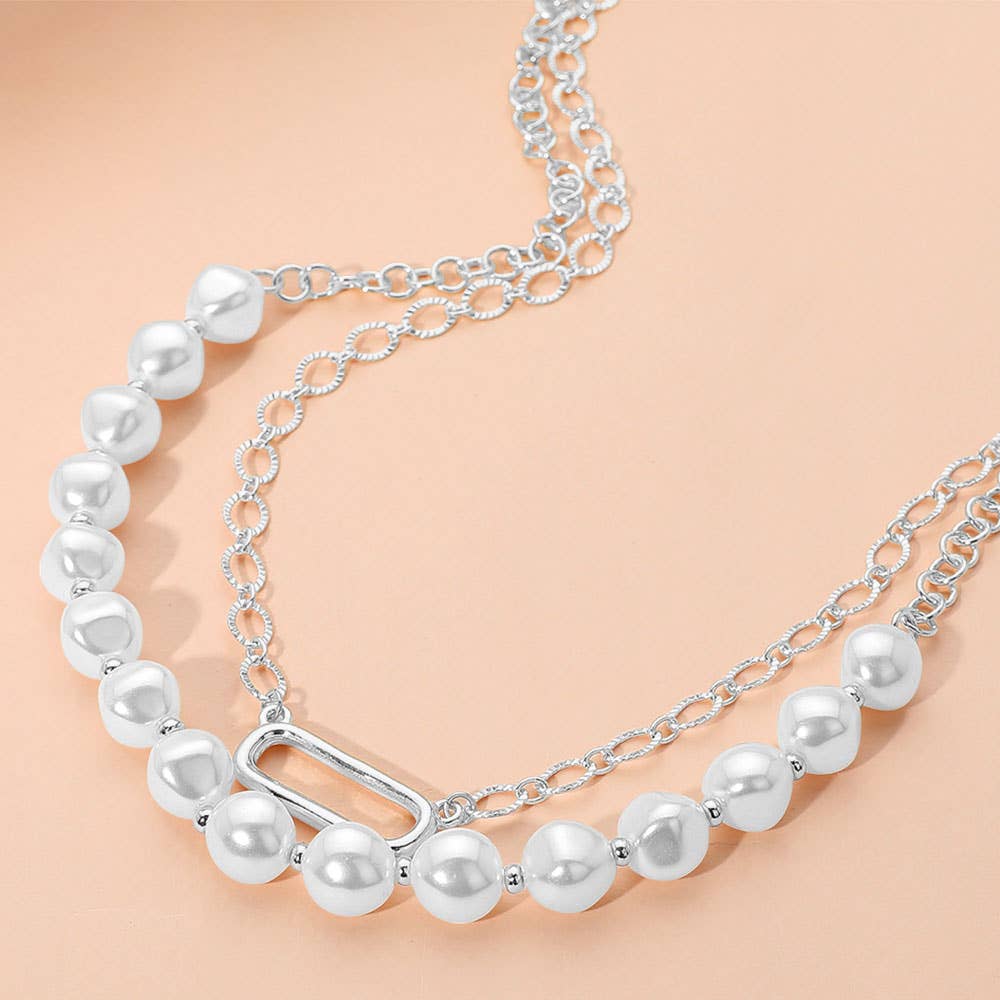 Pearl Chain Link Layered Necklace: Cream,Gold