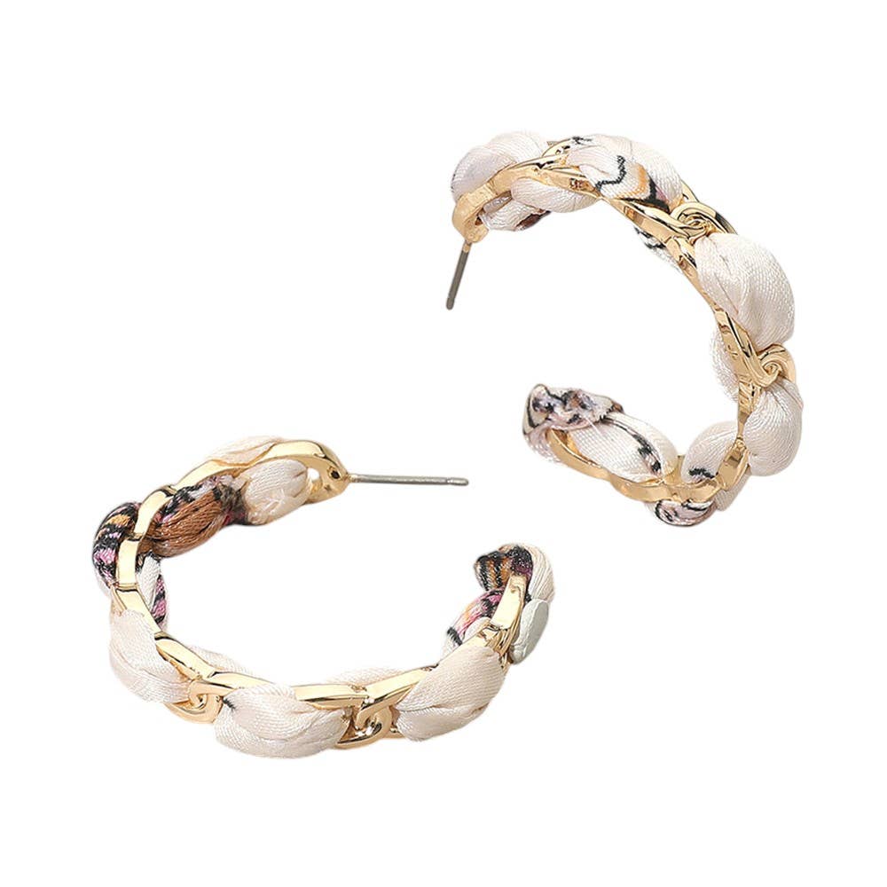 Boho Braided Scarf Fabric Hoop Earrings: Gold,Ivory