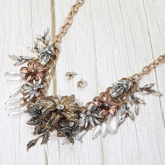 Vintage Floral Metal Accent Faceted Beads Pearl Embellished Statement Necklace