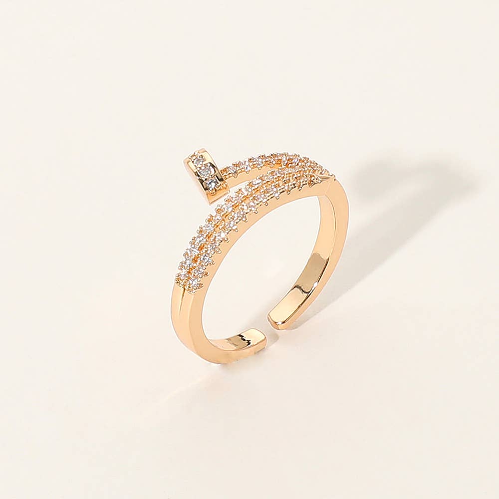 Stone Paved Nail Adjustable Ring: Clear,Rhodium