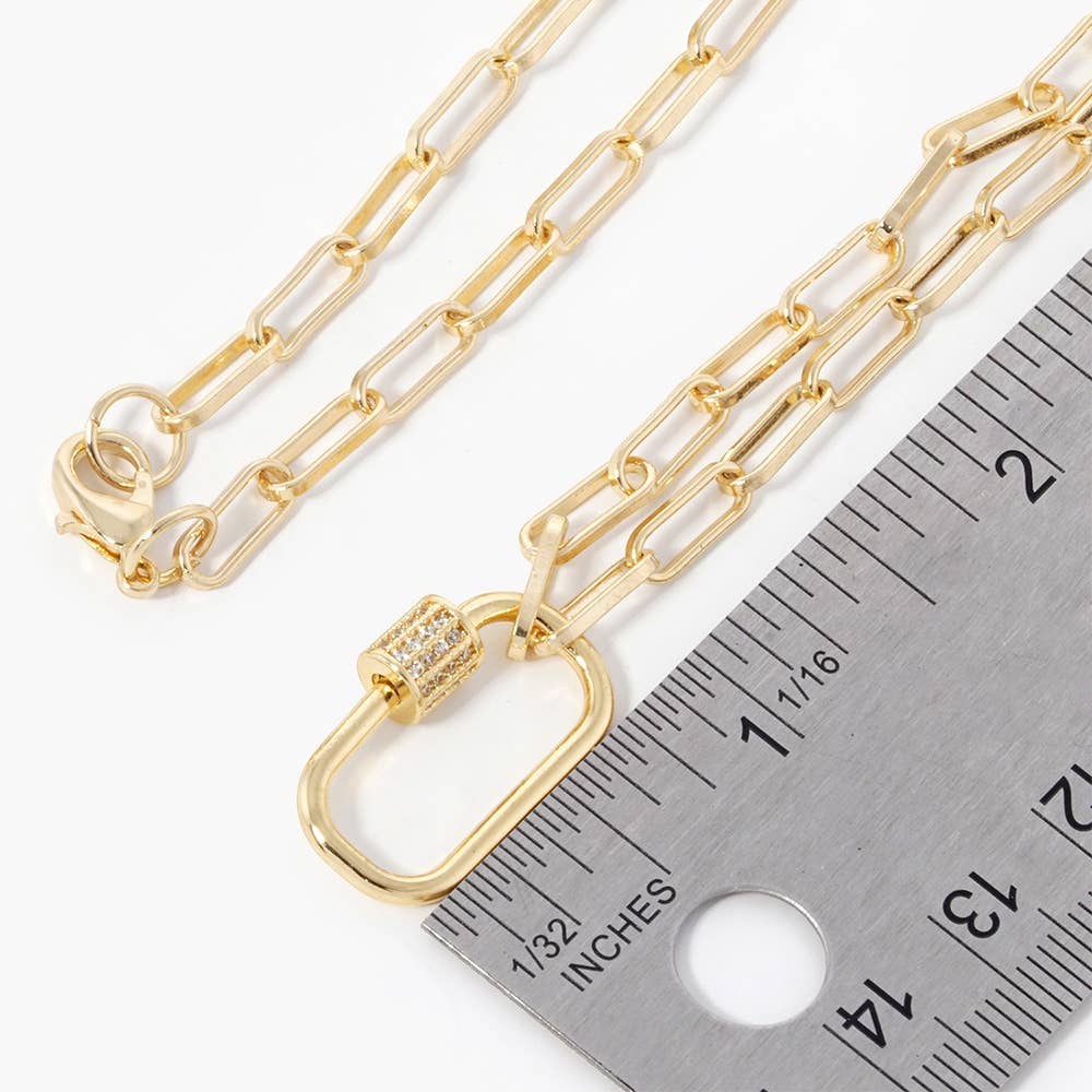 Gold Dipped CZ Carabiner Pendant Paperclip Chain Necklace: Silver