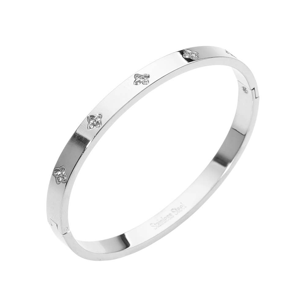 Stainless Steel CZ Stone Accent Hinged Bangle Bracelet