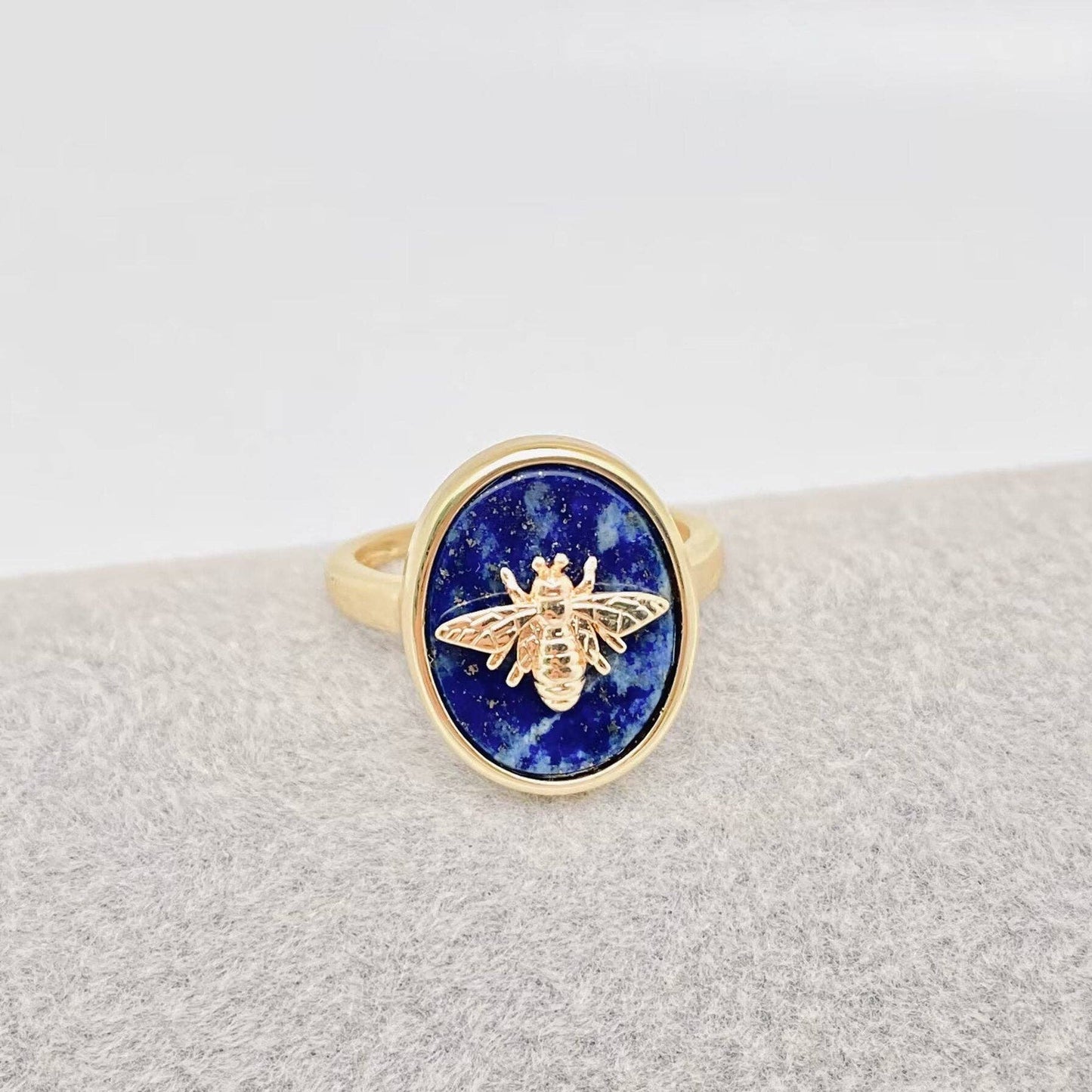Natural Stone Golden Bee Opening Adjustable Ring - CS