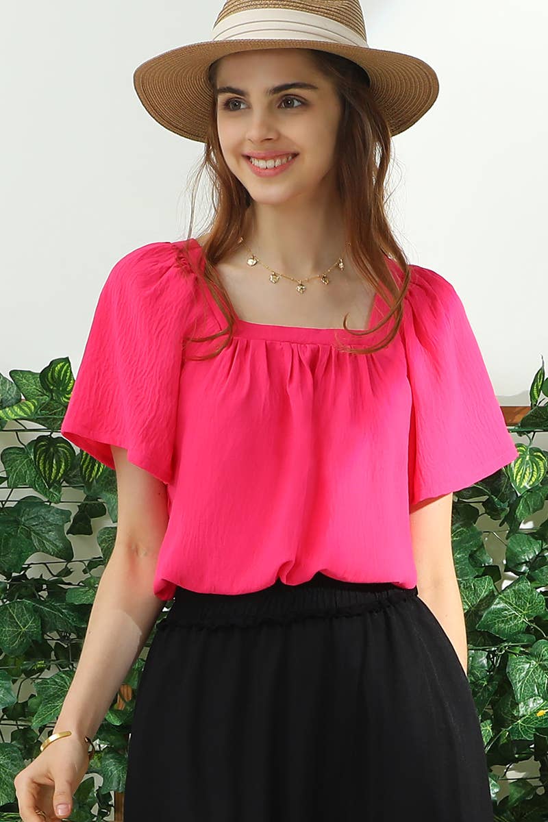 PLUS SQAURE NECK RUFFLE NECK SHORT SLEEVE BLOUSE