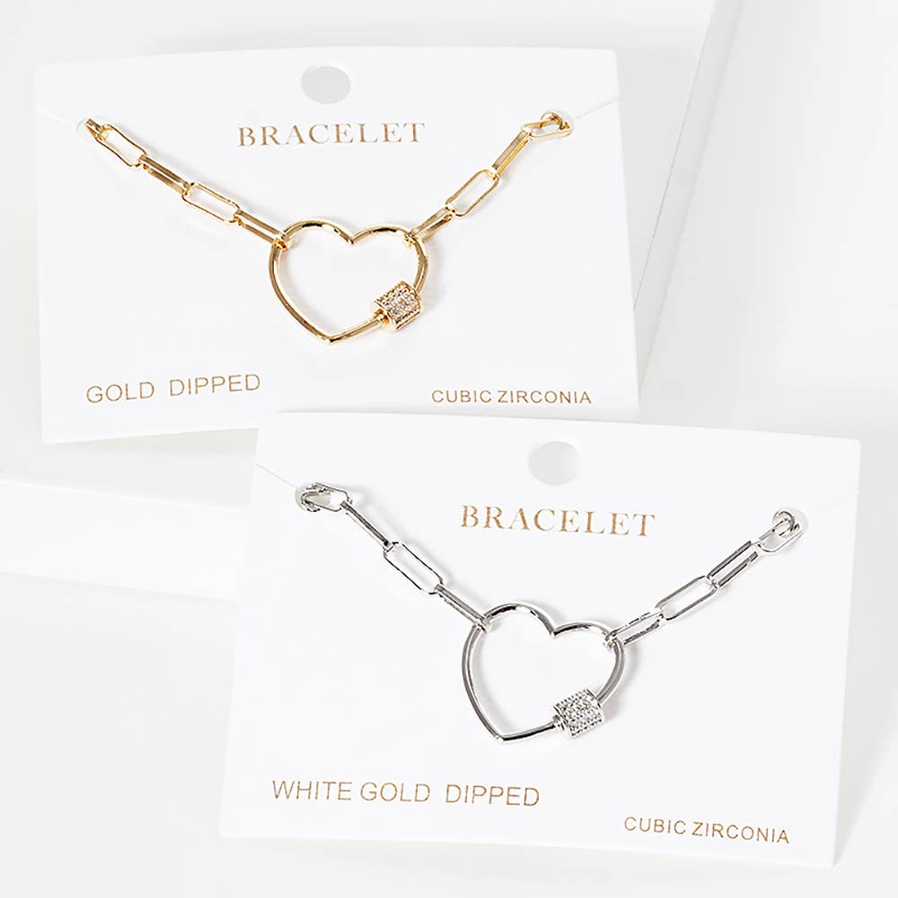 Gold Dipped CZ Open Heart Carabiner Paperclip Chain Bracelet: Silver