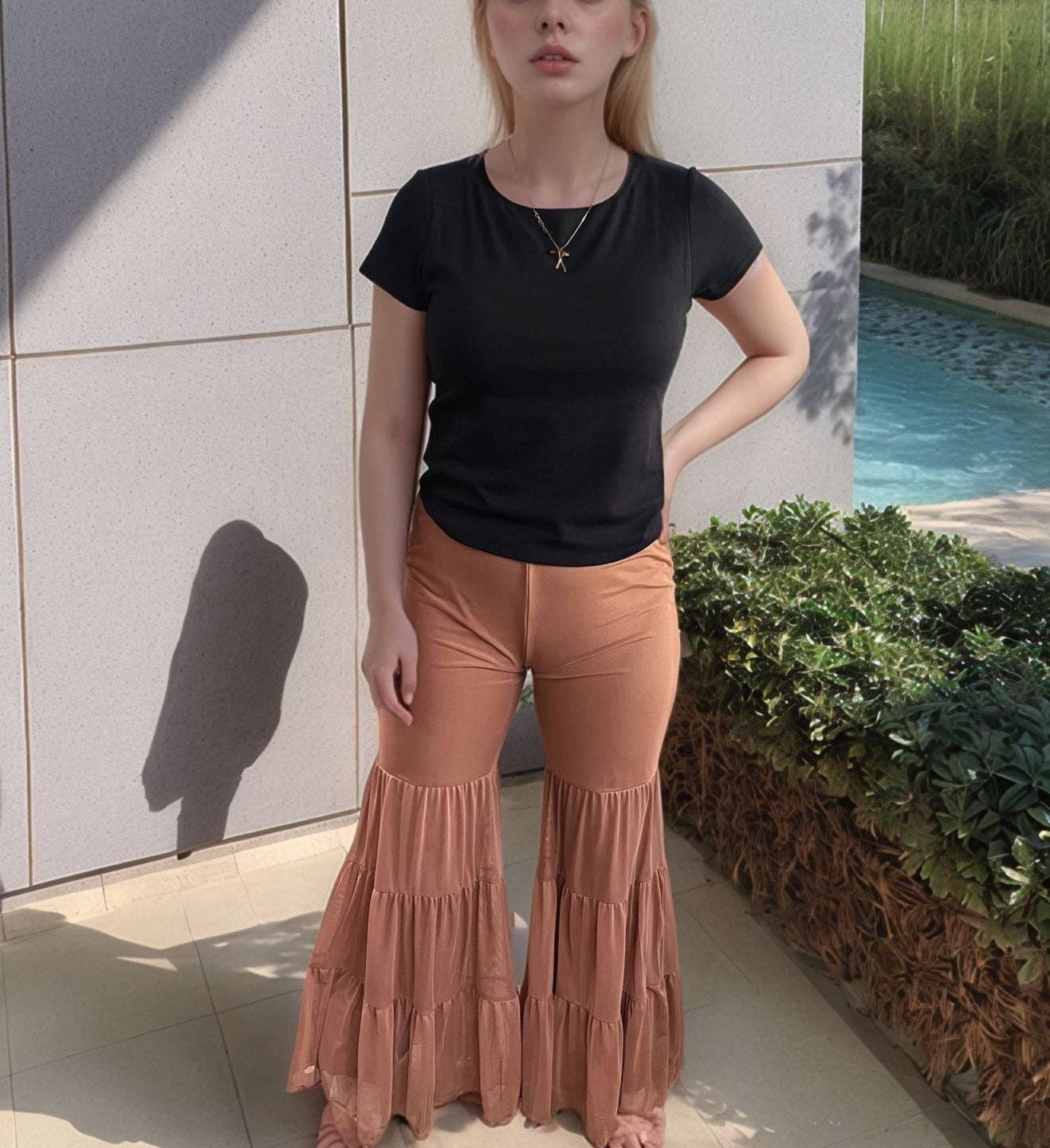 MK712 Mesh Ruffled Bell Pants