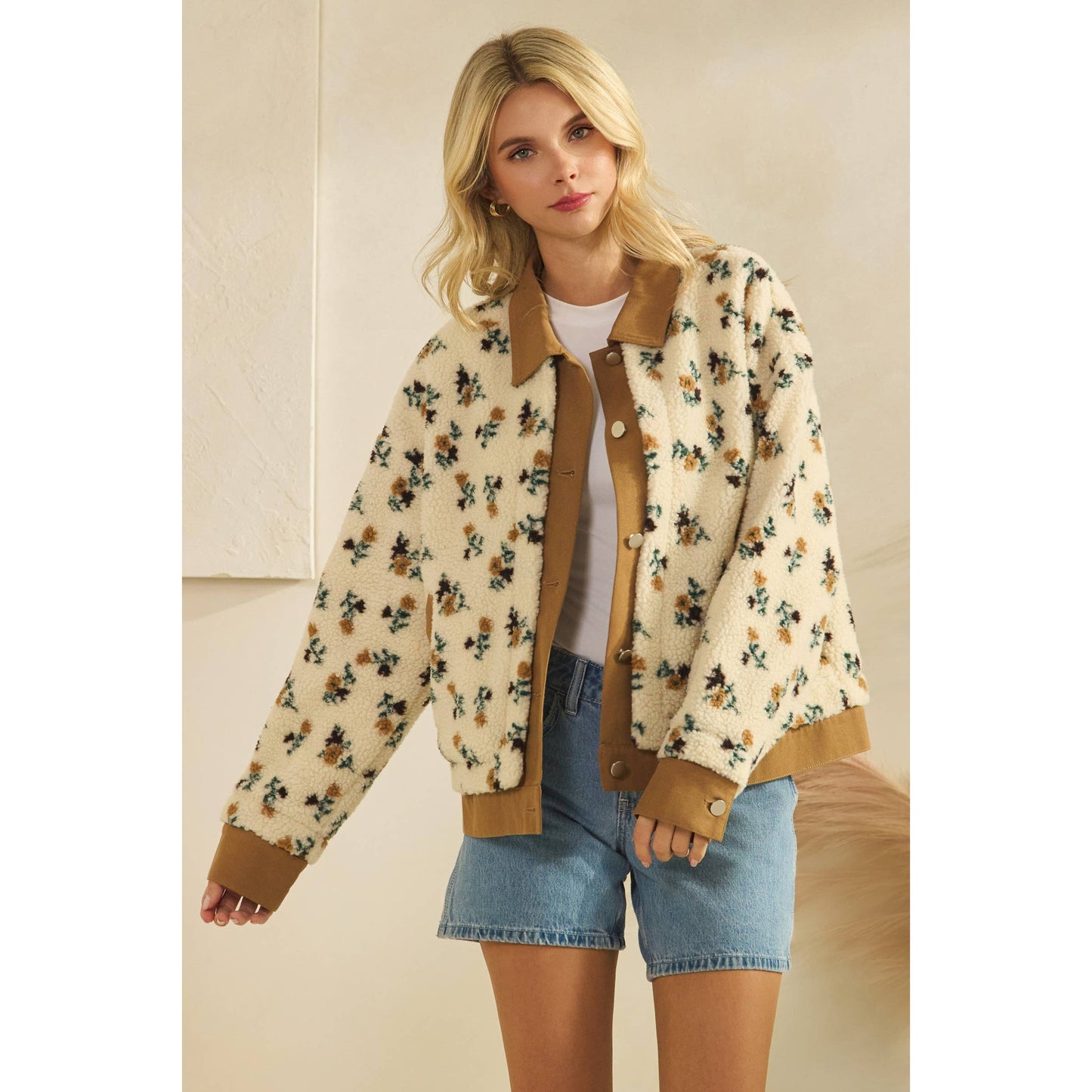 Printed Contrast Button Down Sweater: Brown / M