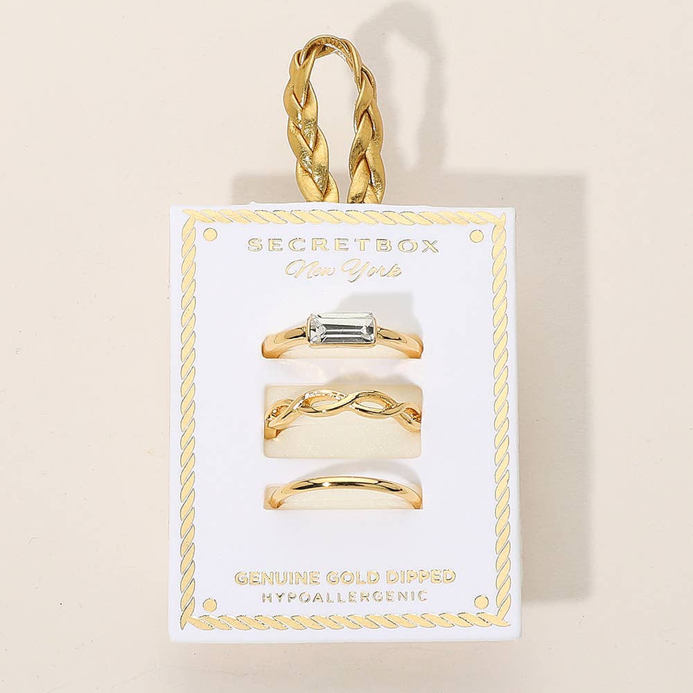 SECRET BOX_3PCS Genuine Gold Dipped Baguette Stone Accent Stackable Fashion Ring Set: Silver
