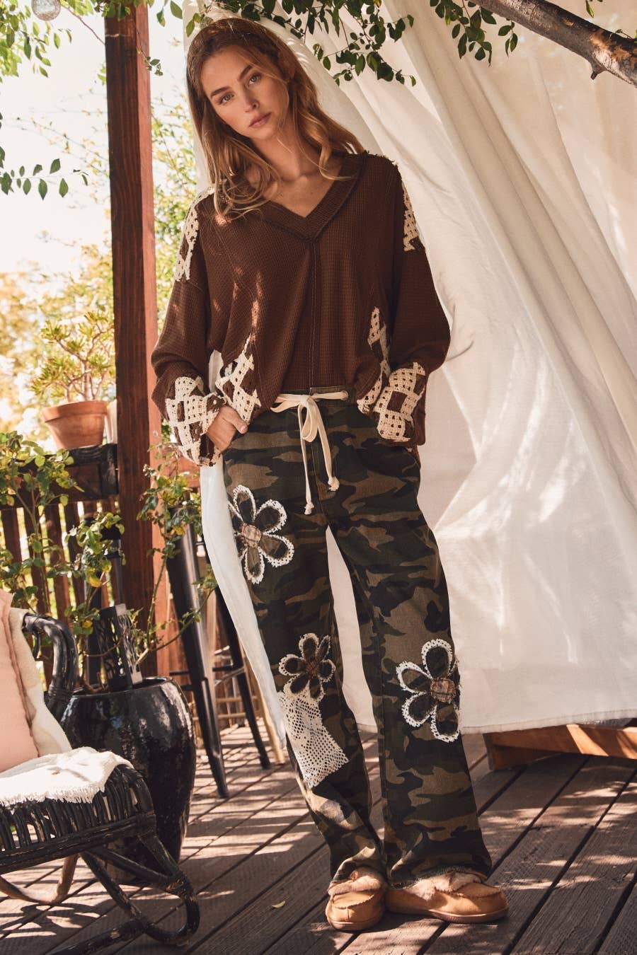 Flower Power Camo Print Drawstring Pants