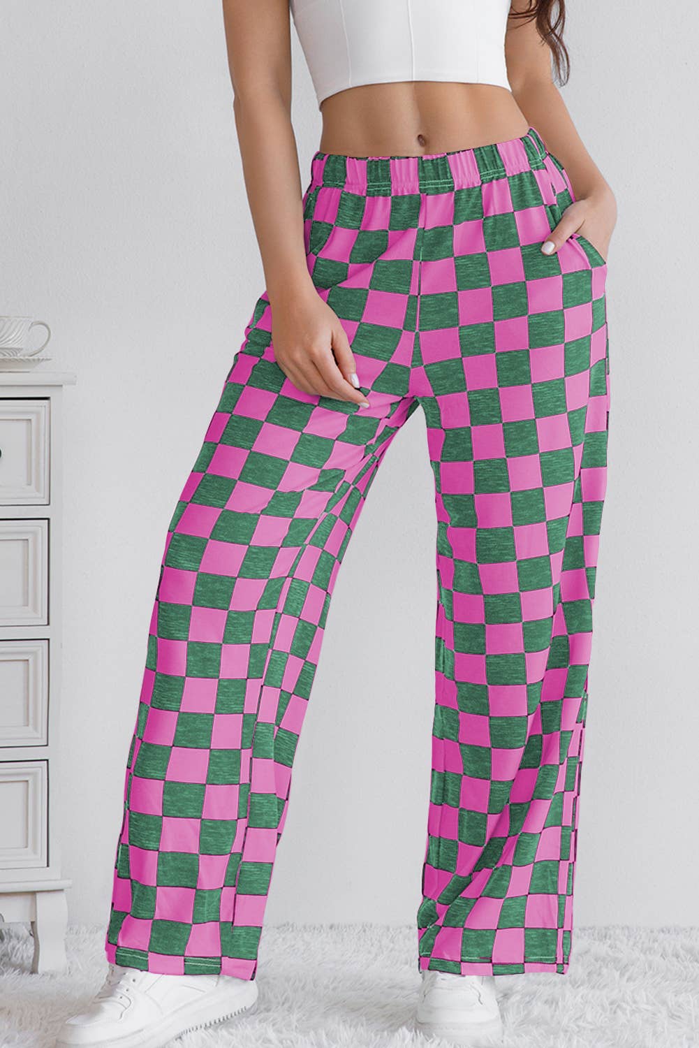 LA SOCIETY Checkered Print High Waist Wide Leg Pants Bottoms
