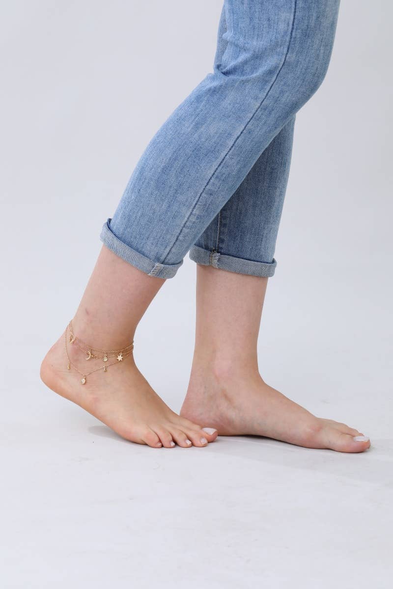 Celestial Charm Layered Anklet - Sparkling Star & Moon Dangl: Silver