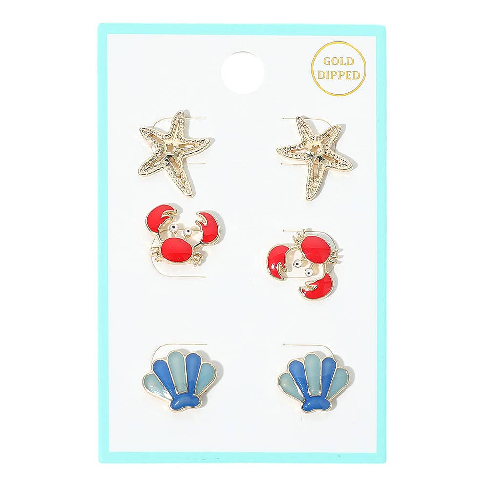 J3. 3Pairs - Gold Dipped Starfish Enamel Crab Seashell Stud Earring Set