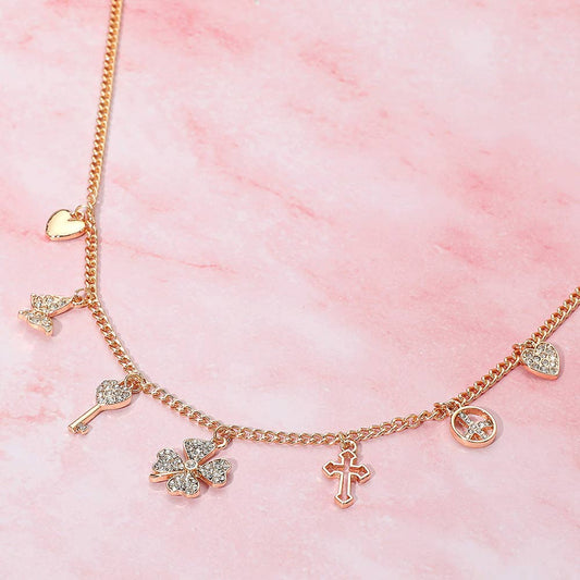 Gold Dipped Clover Heart Cross Key Charm Station Necklace