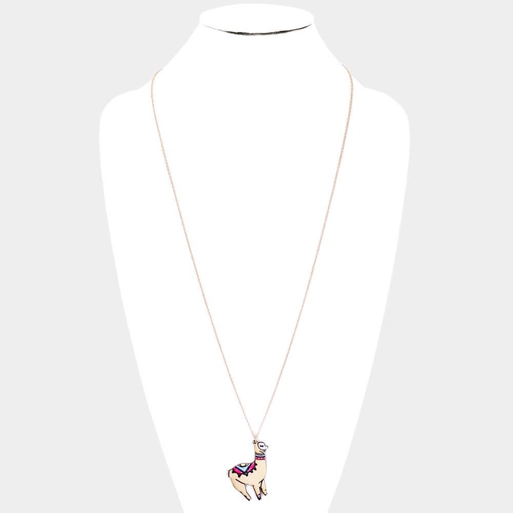 Colored Wood Llama Pendant Long Necklace