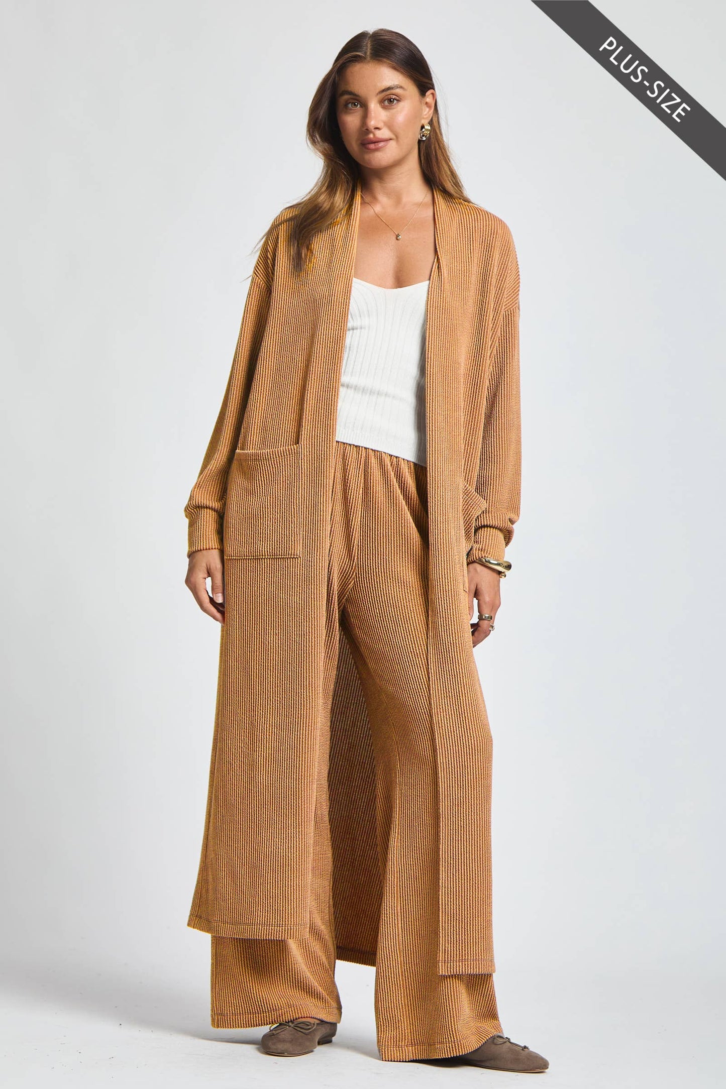 PLUS SIZE Longline Cardigan + Relaxed Pants 2 Piece Set: RED / XL