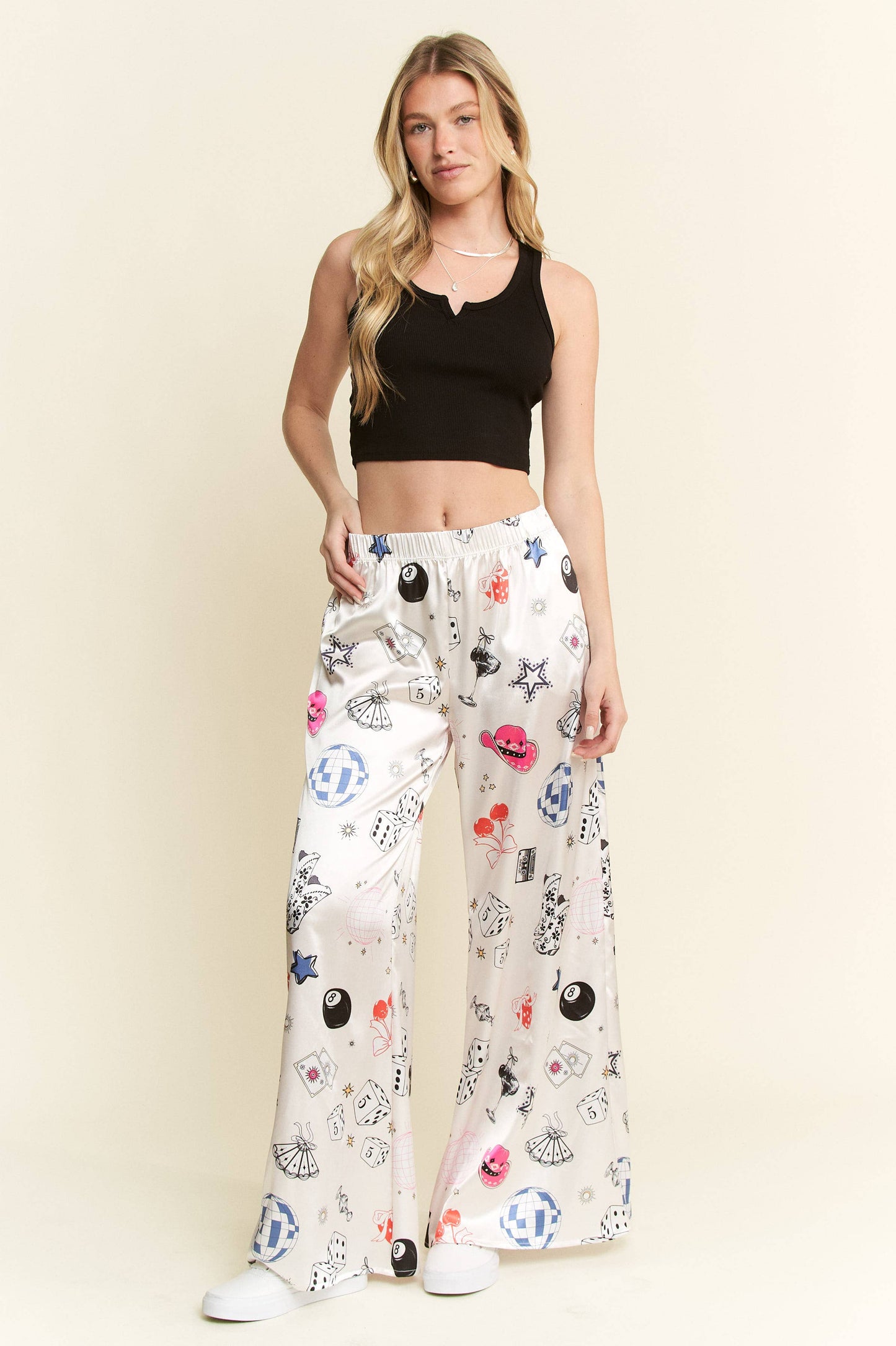 PARTY COLLAGE SATIN PANTS: Black / L