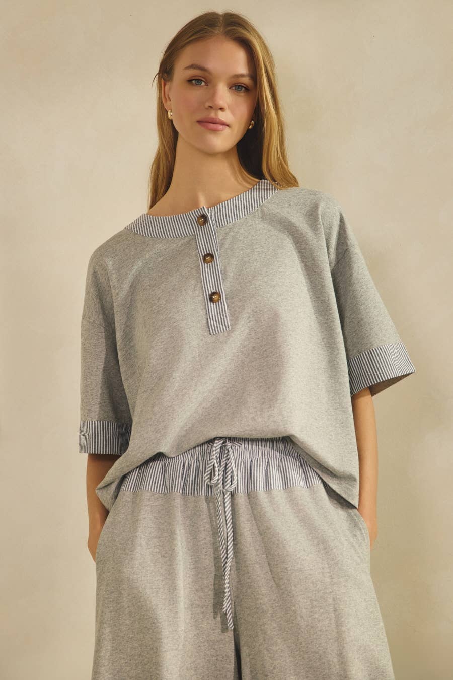Oddi Contrast-trim Henley Top And Pants Set