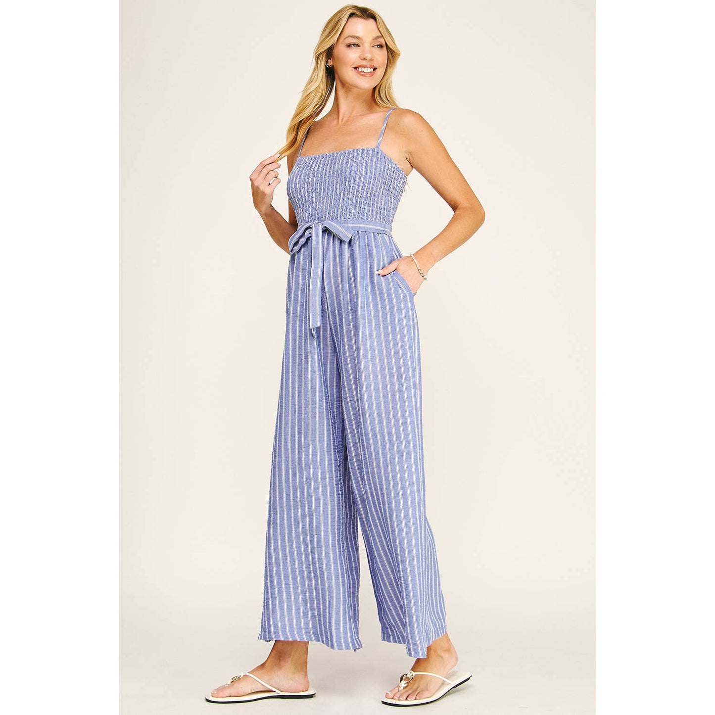 COASTAL STRIPE SMOCKED WIDE LEG JUMPSUIT
