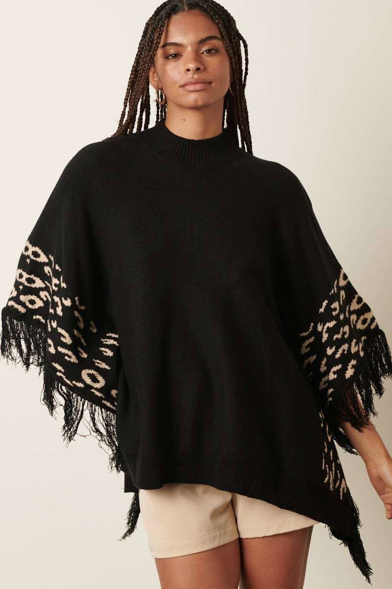 ANIMAL PRINT DETAIL TASSEL OVERSIZED PONCHO