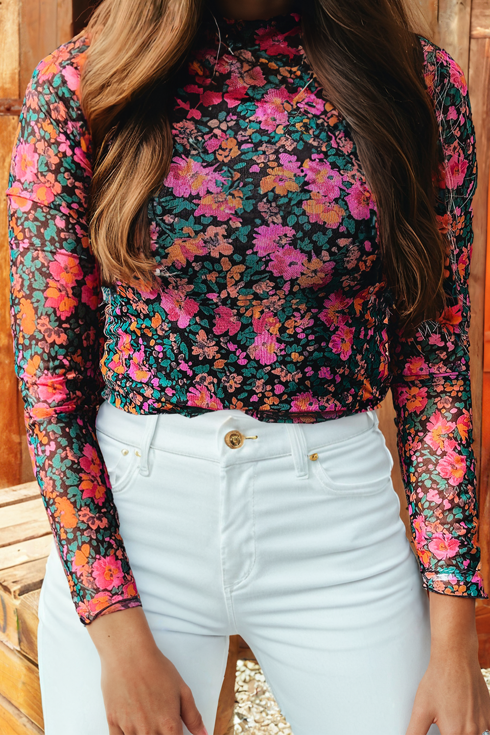 Mesh Long Sleeve Mock Neck Top