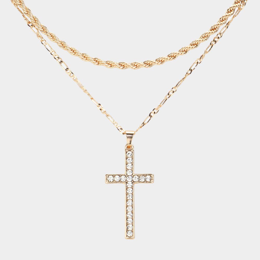 Stone Paved Cross Pendant Double Layered Necklace