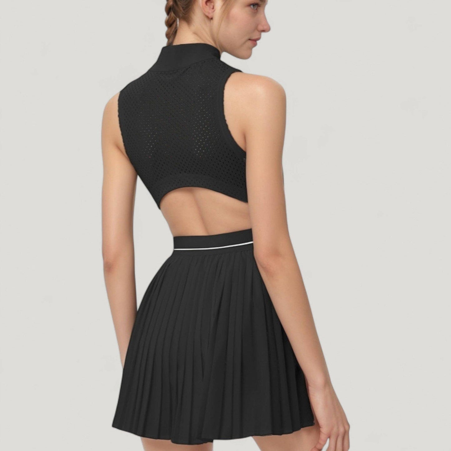 Sleeveless Zip Front High Neck Tennis Dress with Pleated Ski