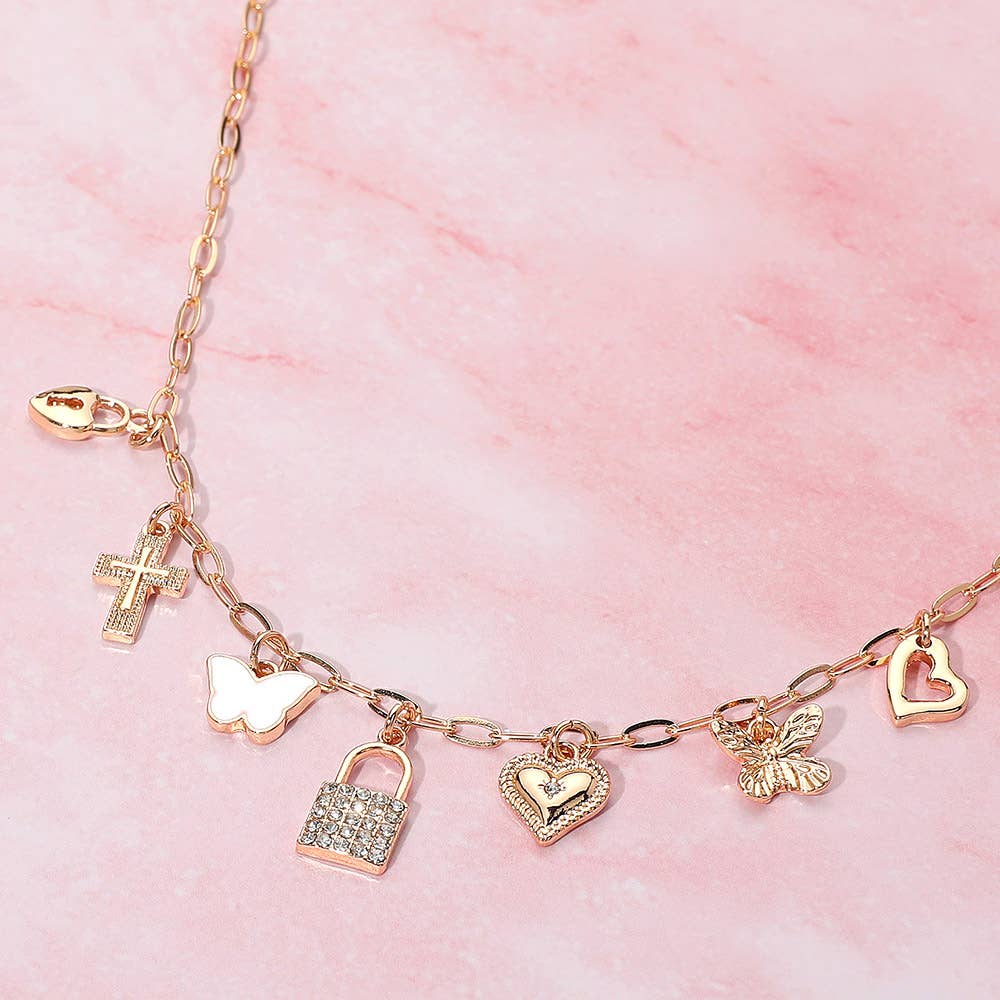 Lock Butterfly Heart Cross Charm Station Necklace: Clear,Rhodium