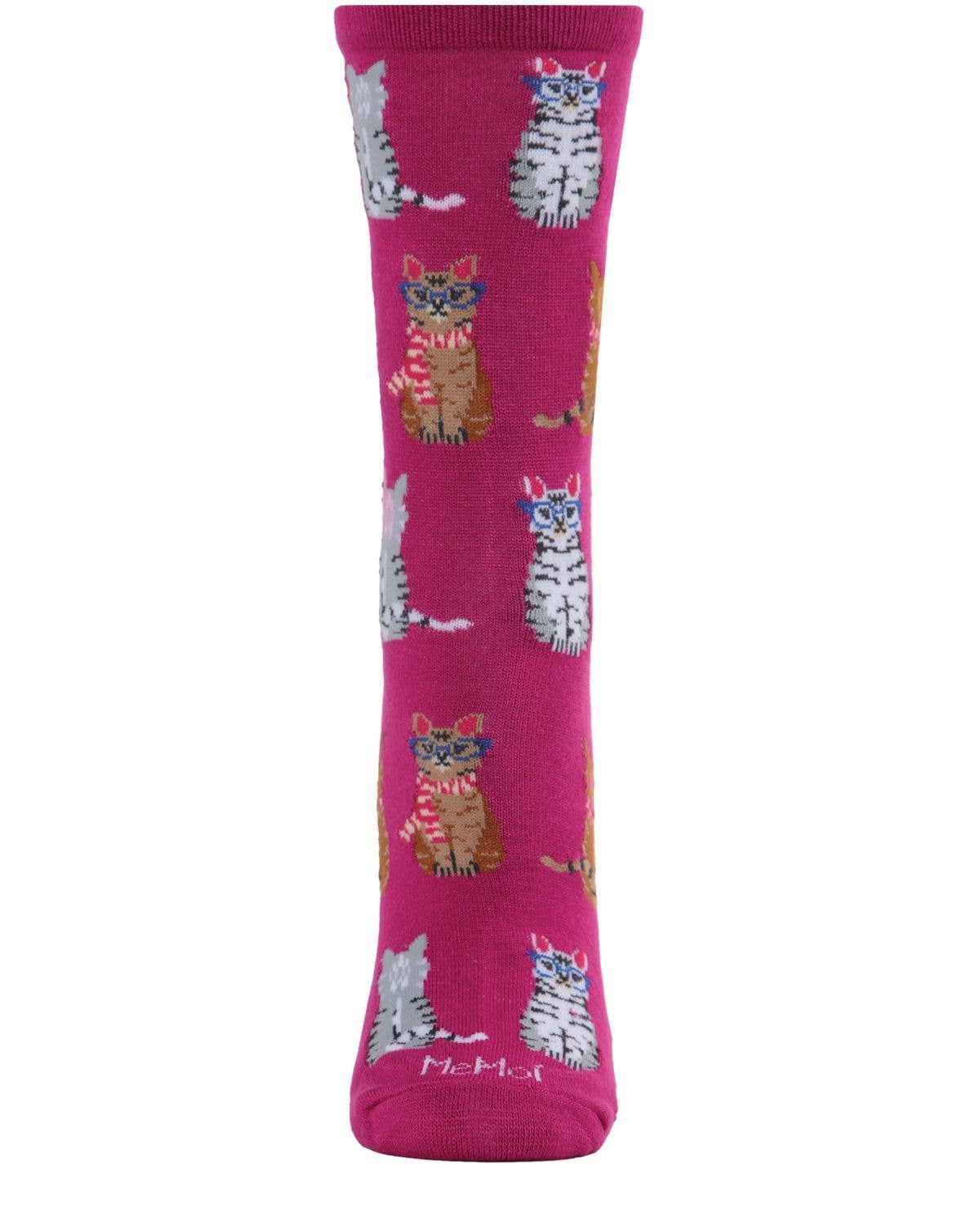 MeMoi Studious Cats Bamboo Blend Crew Socks: Black / 9-11