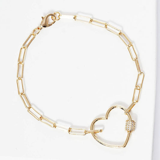 Gold Dipped CZ Open Heart Carabiner Paperclip Chain Bracelet: Yellow Gold