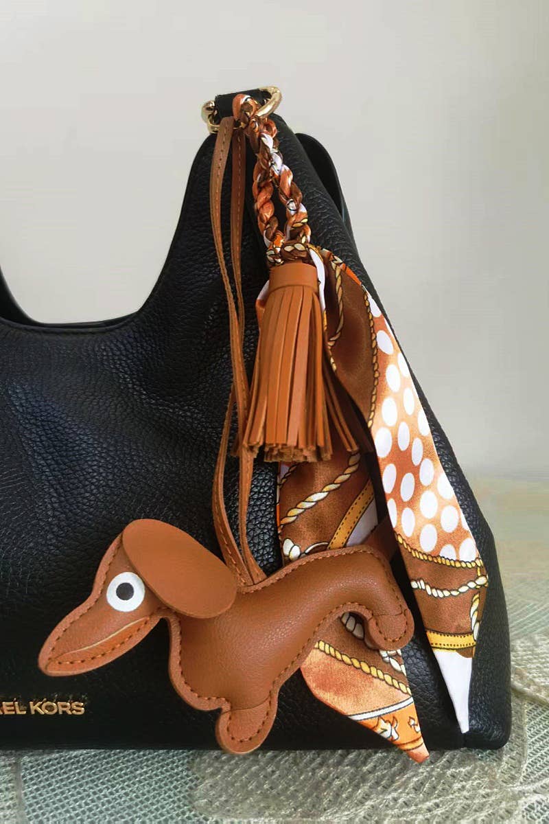 Dachshund Leather Bag Charm Fringed Bag Accessory