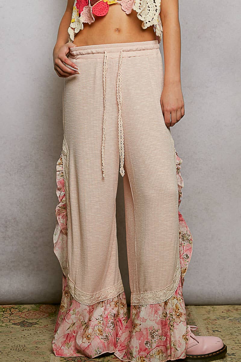 Floral Pattern Ruffle Detail Ribbed Knit Pants