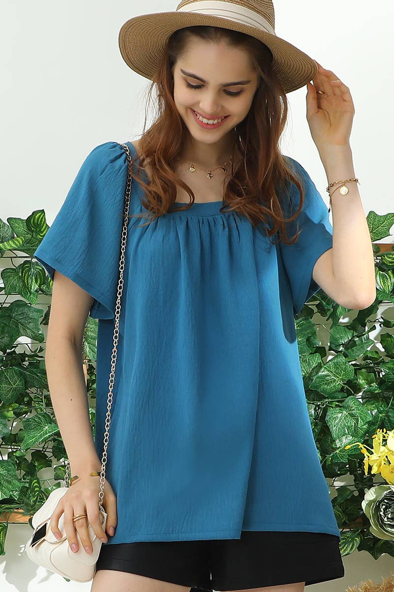 PLUS SQAURE NECK RUFFLE NECK SHORT SLEEVE BLOUSE