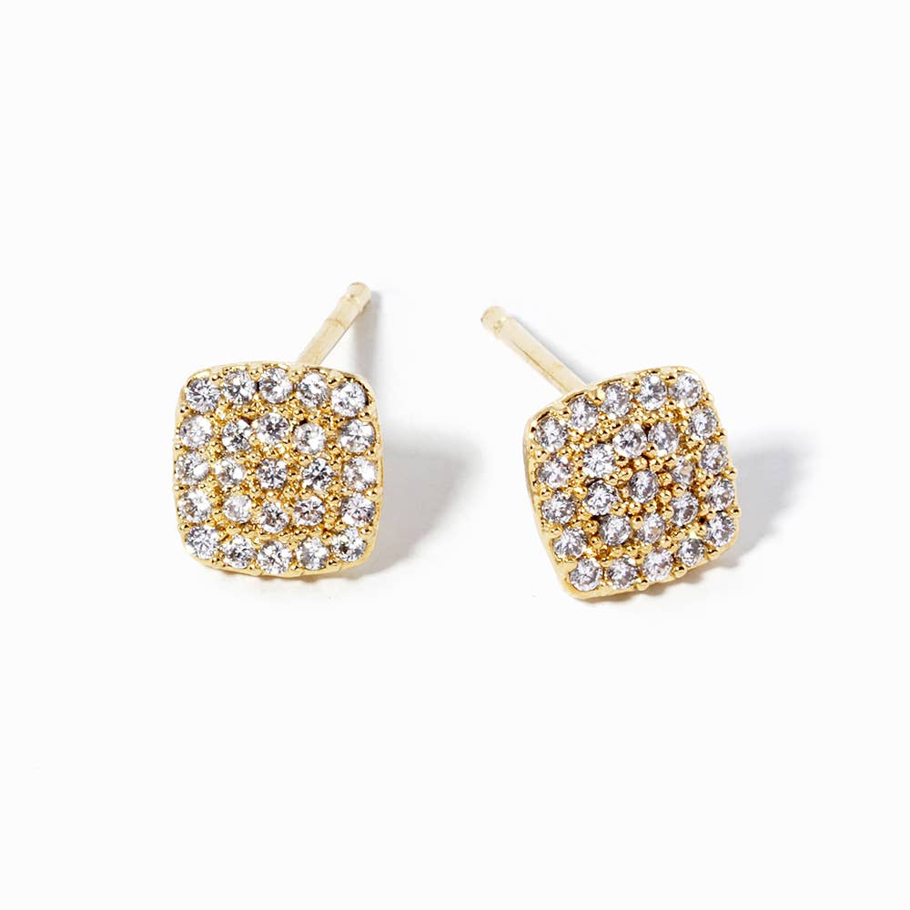 Gold Dipped CZ Stone Paved Square Stud Earrings