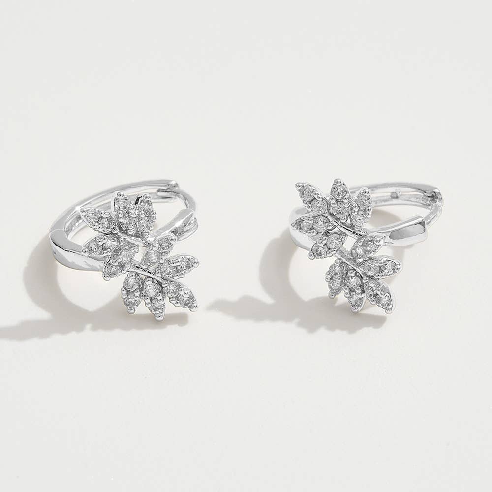 14K Gold Dipped CZ Stone Paved Leaves Mini Huggie Hoop Earrings