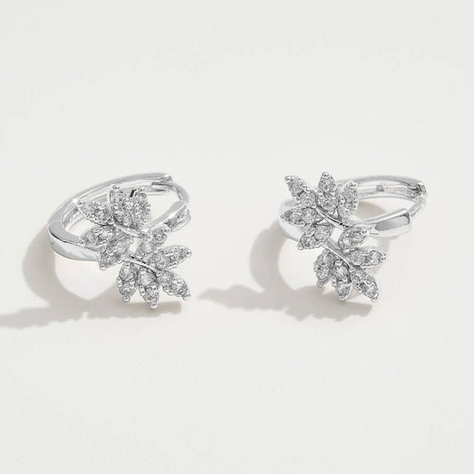 14K Gold Dipped CZ Stone Paved Leaves Mini Huggie Hoop Earrings