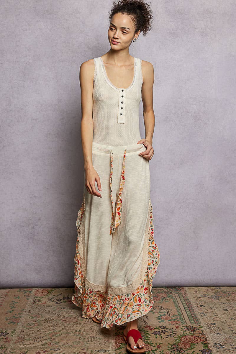 Floral Pattern Ruffle Detail Ribbed Knit Pants